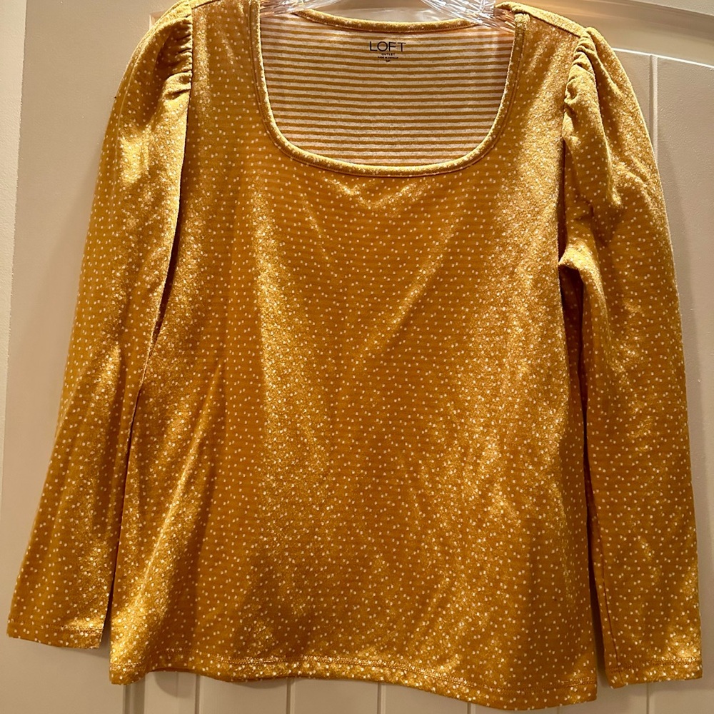 LOFT Mustard White polka Dot Long-Sleeve Square Neck Top size  SP